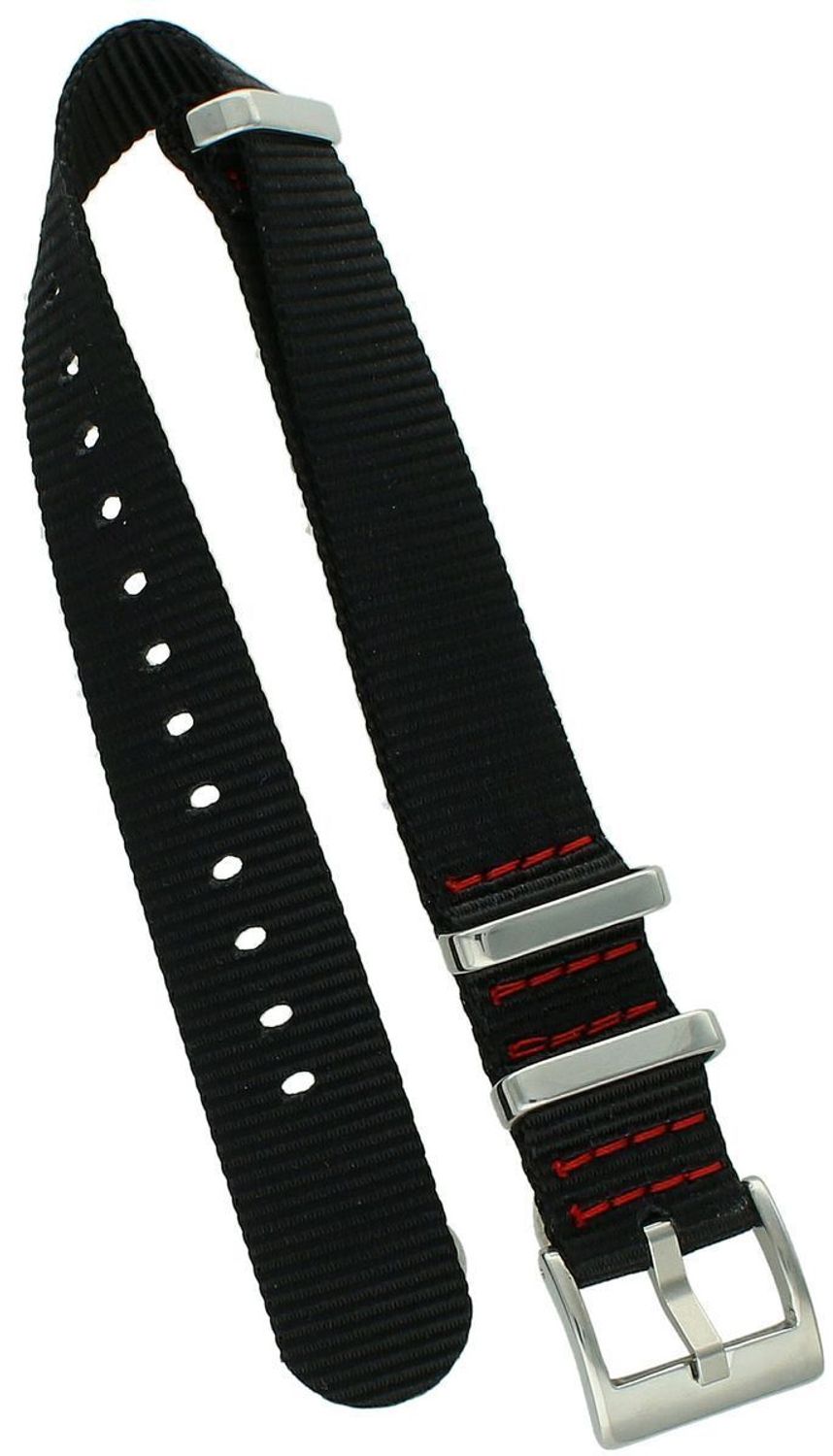 Wytrzymały pasek do zegarka NATO 022, parciany w czarnym kolorze, długość 26,5 cm, szerokość 18 mm, stalowa sprzączka w srebrnym kolorze. Idealny do zegarków codziennych i sportowych.2.jpg